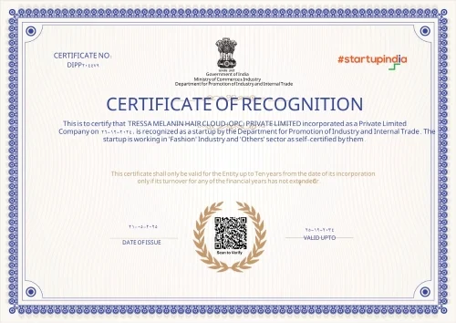 Startup India certificate for recognition for hair cloud india